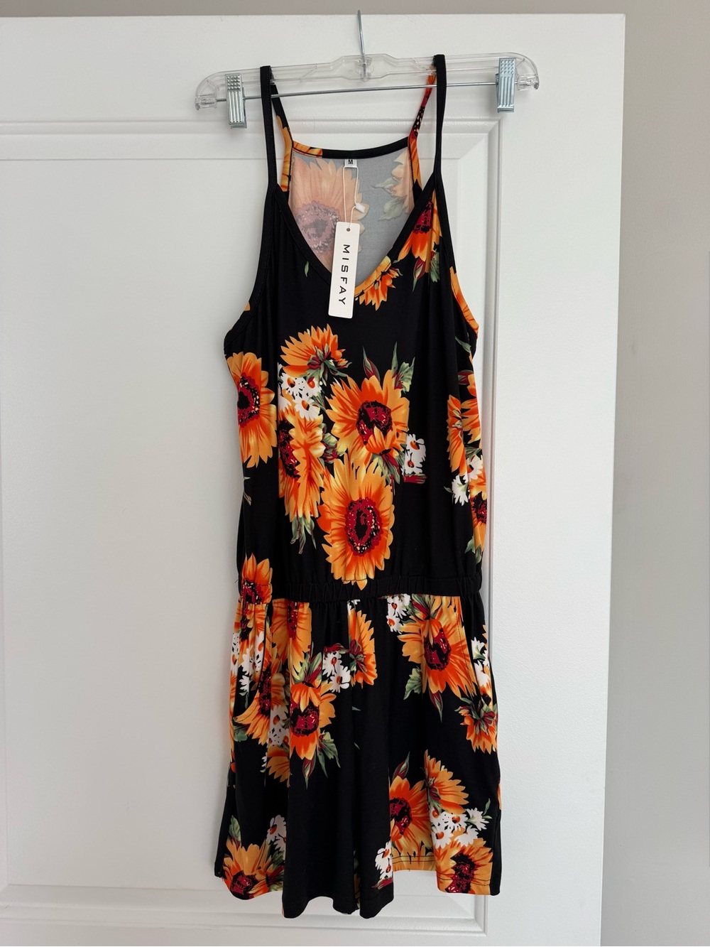 Misfav Black Sunflower Print Spaghetti-Strap Romper